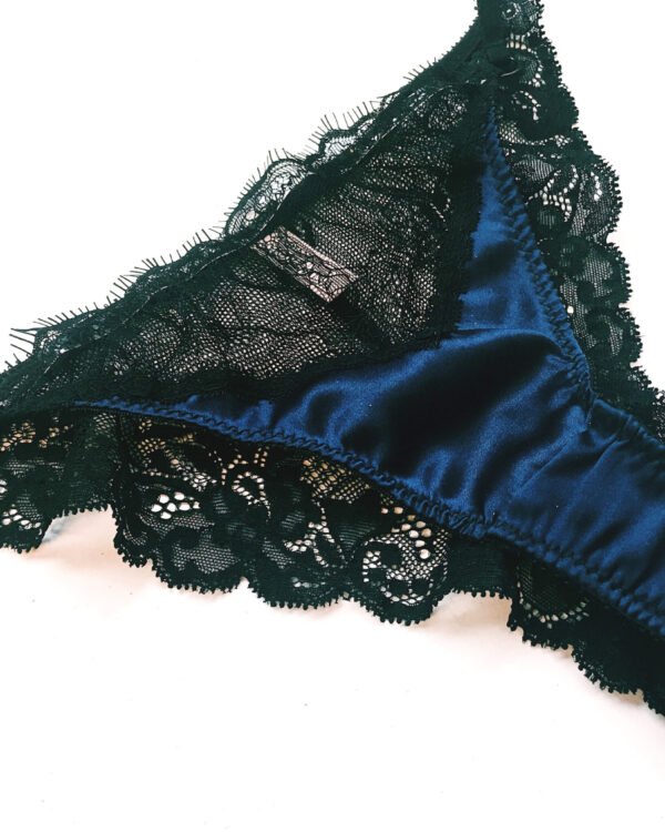 Silk Panties in navy silk and black sheer lace