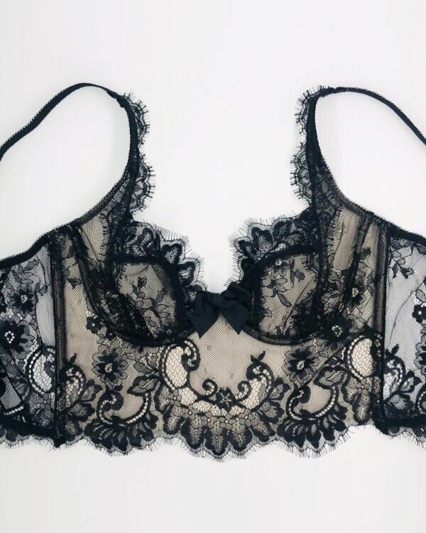 Lace longline bra in black French Chantilly lace and nude lining
