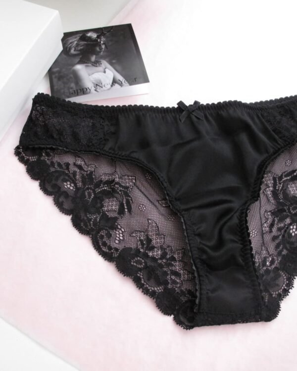 Black silky panties with silk and lace with lingerie box