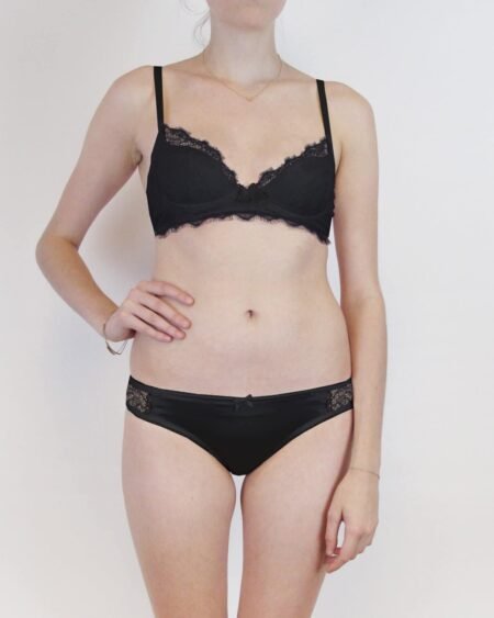 Plunge lace bra and panties in black silk and lace