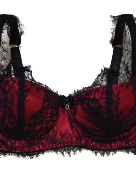 Plus size balconette padded bra in red silk and black chantilly lace