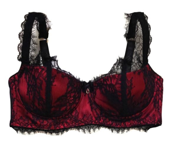 Plus size balconette padded bra in red silk and black chantilly lace