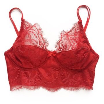 Red lace longline bra with underwire lace on silk