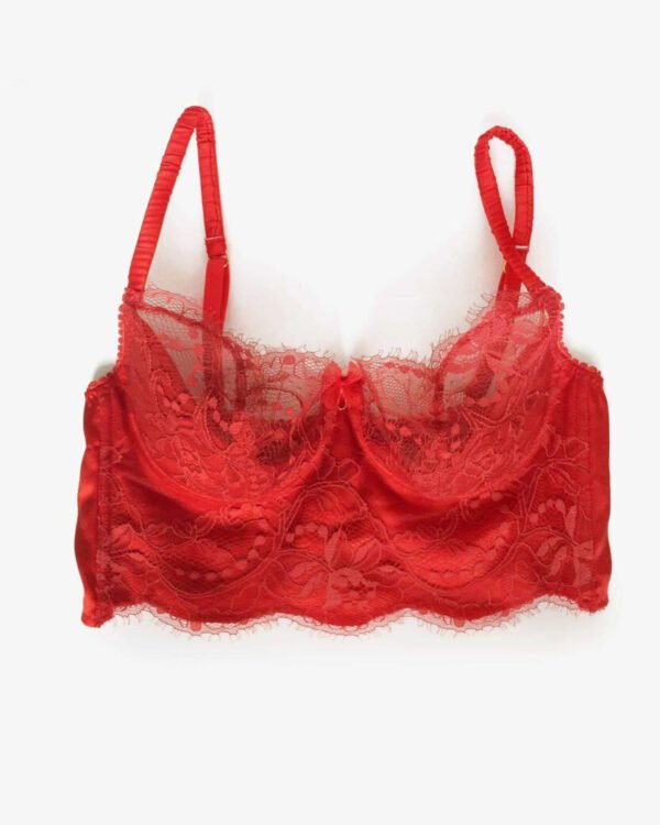 Silk longline bra - lace balconnet bra - Lace and silk bra,  red silk and Chantilly Lace