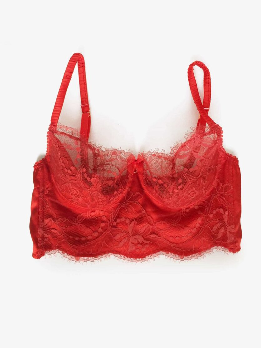 Silk longline bra - lace balconnet bra - Lace and silk bra, red silk and  Chantilly Lace - Marianna Giordana Paris