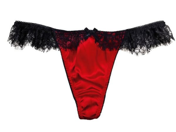 Red silk tong with black chantilly lace details