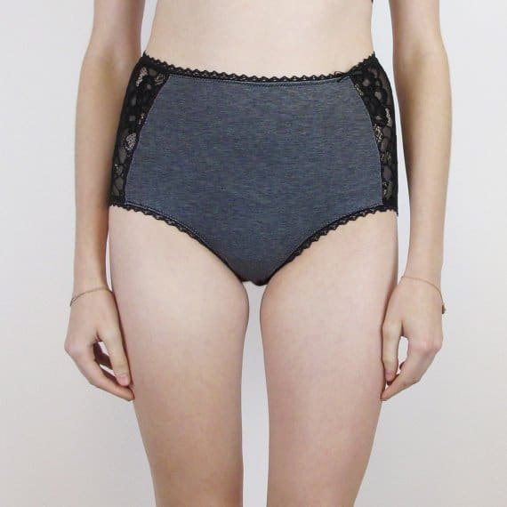 Retro high waist panties in grey jersey and black lace loungewear