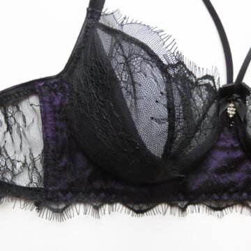 Sheer black and purple underwired bra with straps