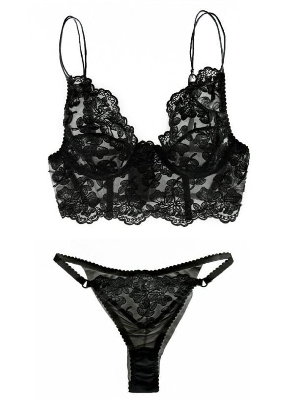 Black sheer lingerie set composes of a sexy short corset and tanga panties