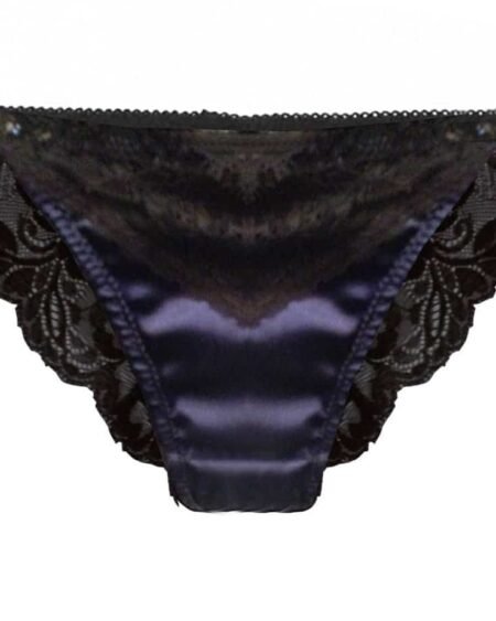 Silk navy thong in black lace back