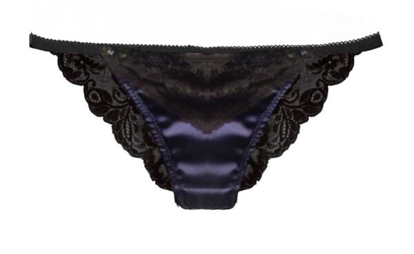 Silk navy thong in black lace back