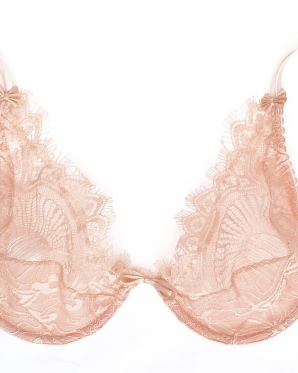 Pink sheer plunge bra in pink lace