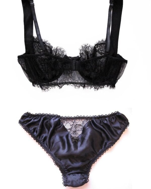 Sheer lace lingerie bra and panties made in navy silk back