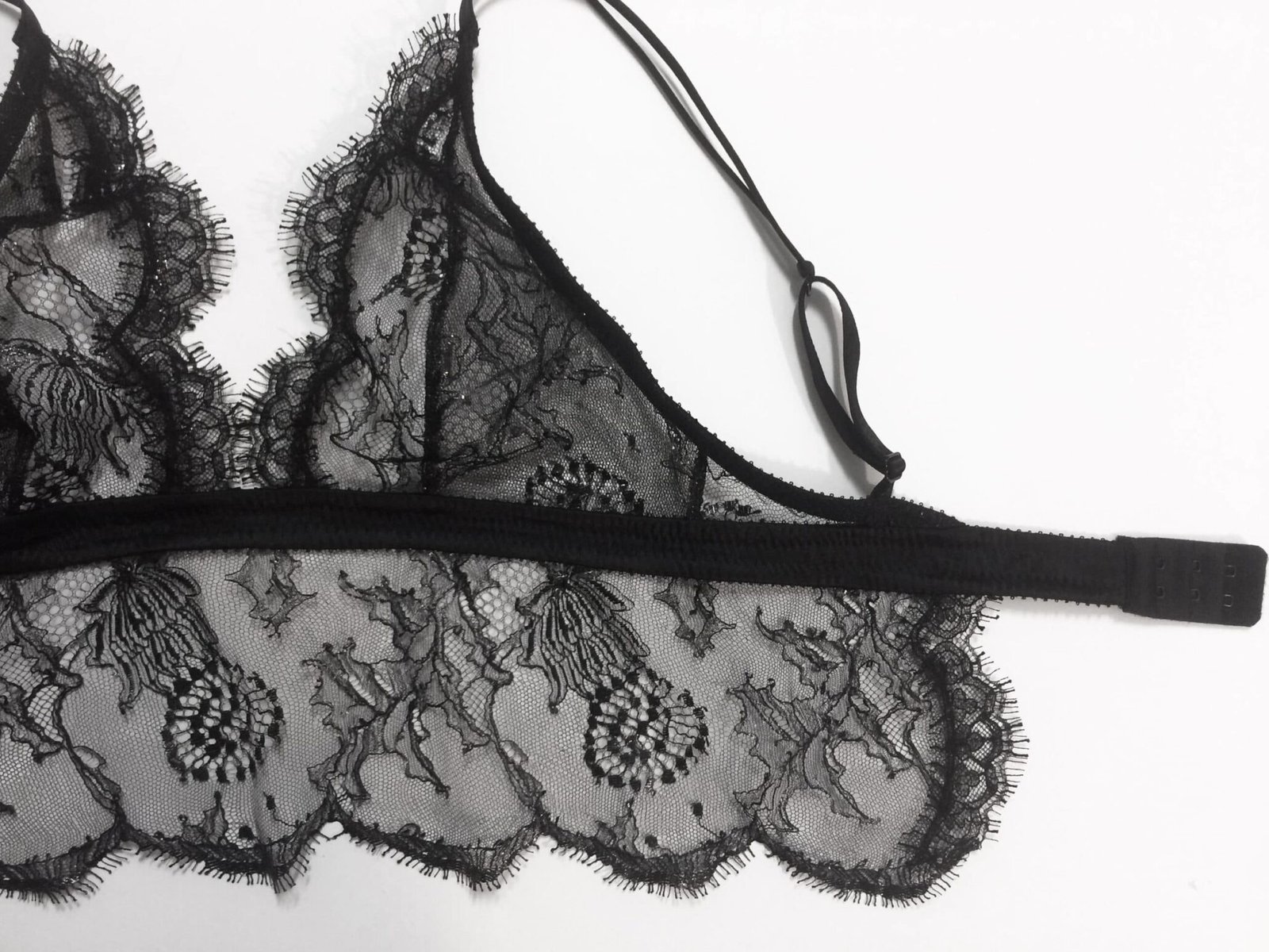 sheer lingerie black leavers lace bralette hook and eye closure