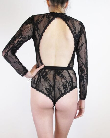 Black lace bodysuit with long sleeves back