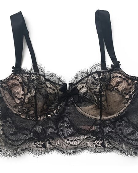 Black lace longline bra in lace and silk straps