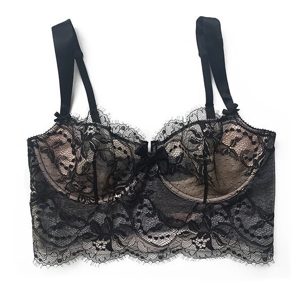 Black lace longline bra in lace and silk straps