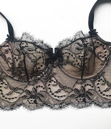 Black lace longline bra silk and lace balconette cups