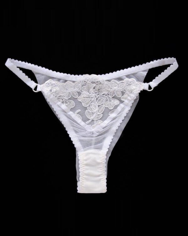Bridal sheer lace thong in white calais lace and stretch mesh