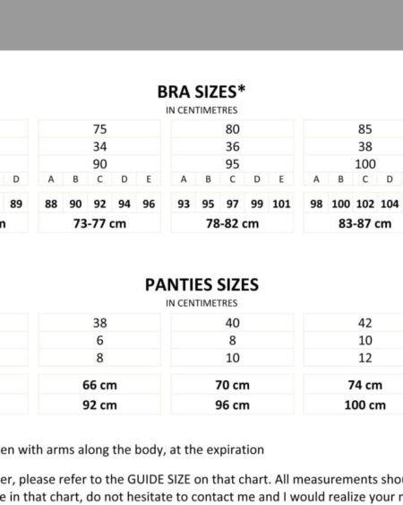 Handmade lingerie size chart made in france