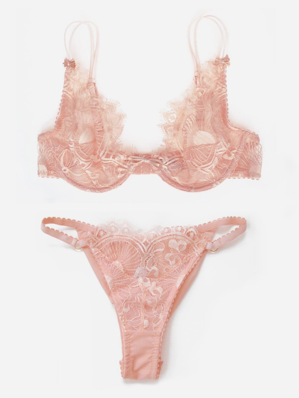 Pink Lace lingerie: Lace bra and tanga in powder pink - Made to measure