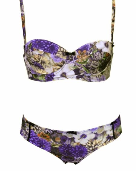 Purple print lingerie set with balconnette padded bra and short