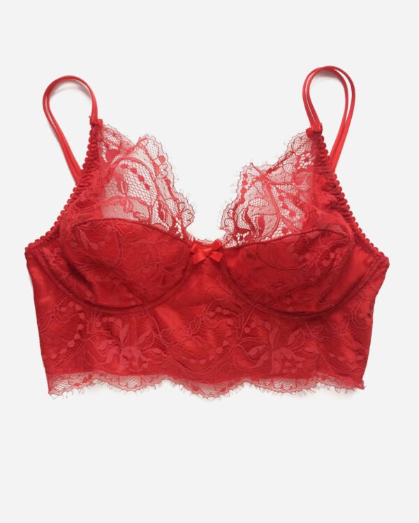 Red lace bra in red french chantilly lace and spandex silk - red longline bra - corset bra - full coverage bra