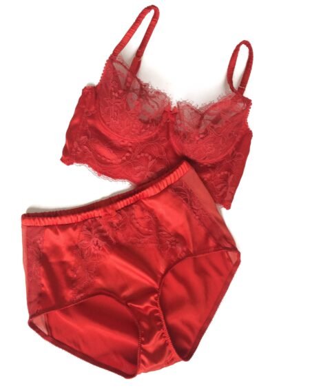 Red lingerie set with lace and silk longline bra and high waist panties 2