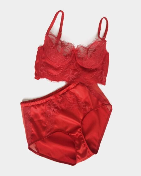 Red lingerie set with lace and silk longline bra and high waist panties