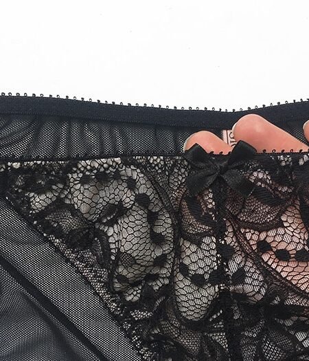 Sheer black panties bow details in mesh and lace