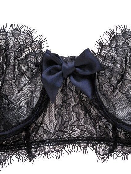 Sheer bra in black lace and big satin silk bow