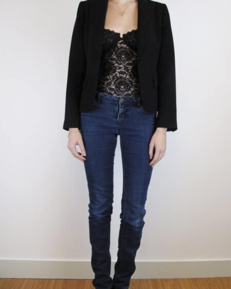 sheer lace black bodysuit jeans and jacket