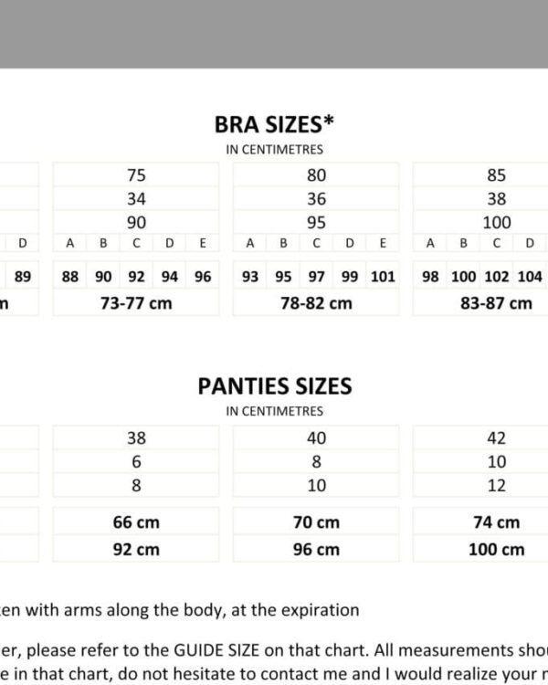 Size chart lingerie Marianna Giordana