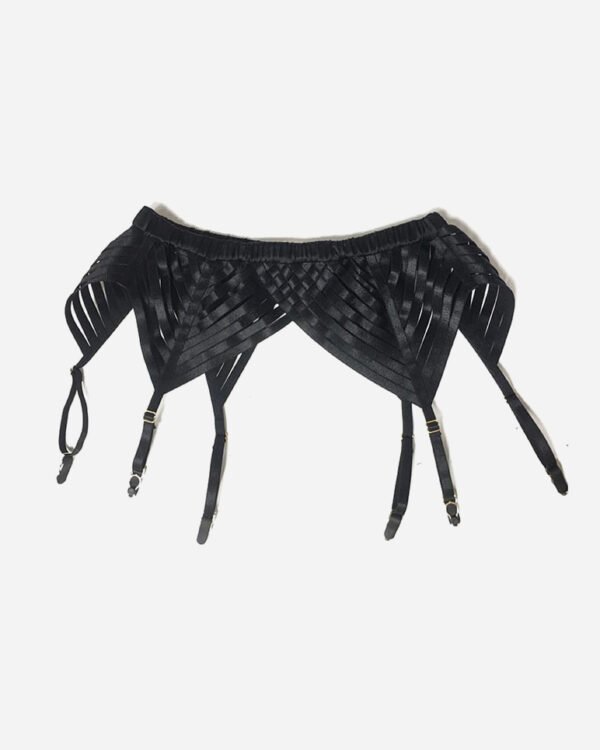 High end black strappy gather belt- Black satin garter belt