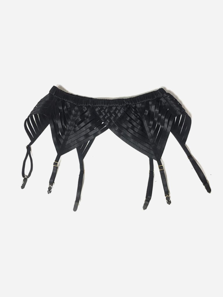 High end black strappy gather belt Black satin garter belt