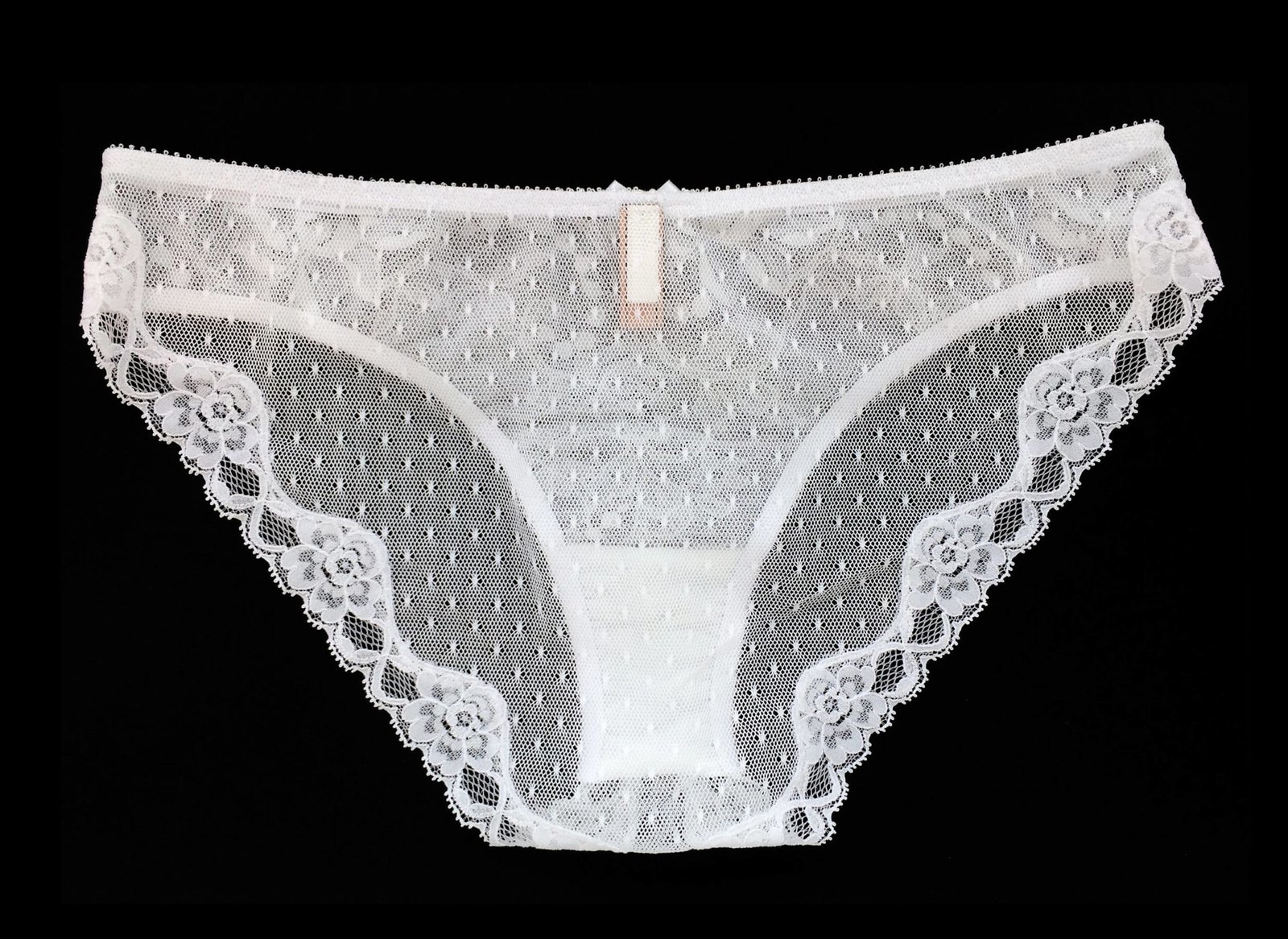 White sheer lace panties, french cut and beautiful detail on the back