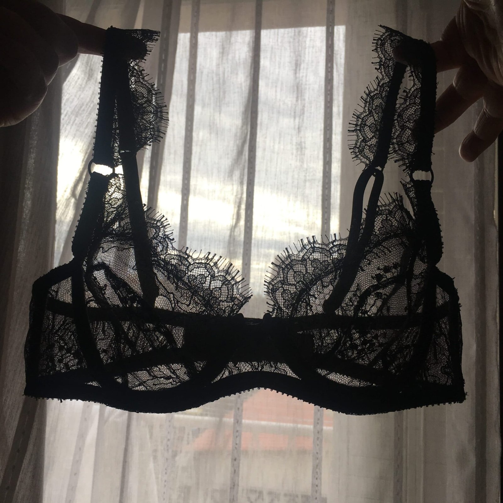 Leavers lace black balconette bra front 2 Leavers lace black balconette bra front 2
