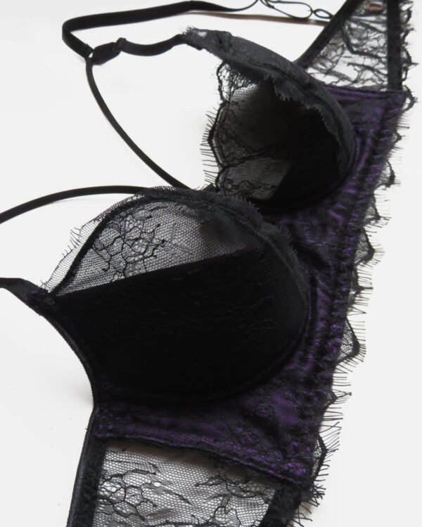 Lace and silk bra,  purple silk and black Chantilly Lace