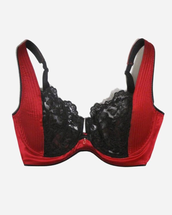 Lace bra in red spandex silk and black Calais Lace - Perfect for plus size