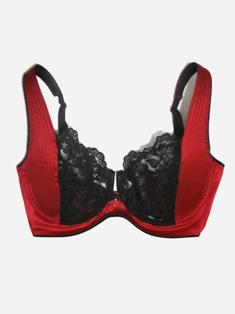 Lace bra in red spandex silk and black Calais Lace - Perfect for plus size  - Marianna Giordana Paris