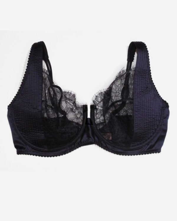 Lace bra,  blue silk and black Chantilly Lace - Perfect for plus size
