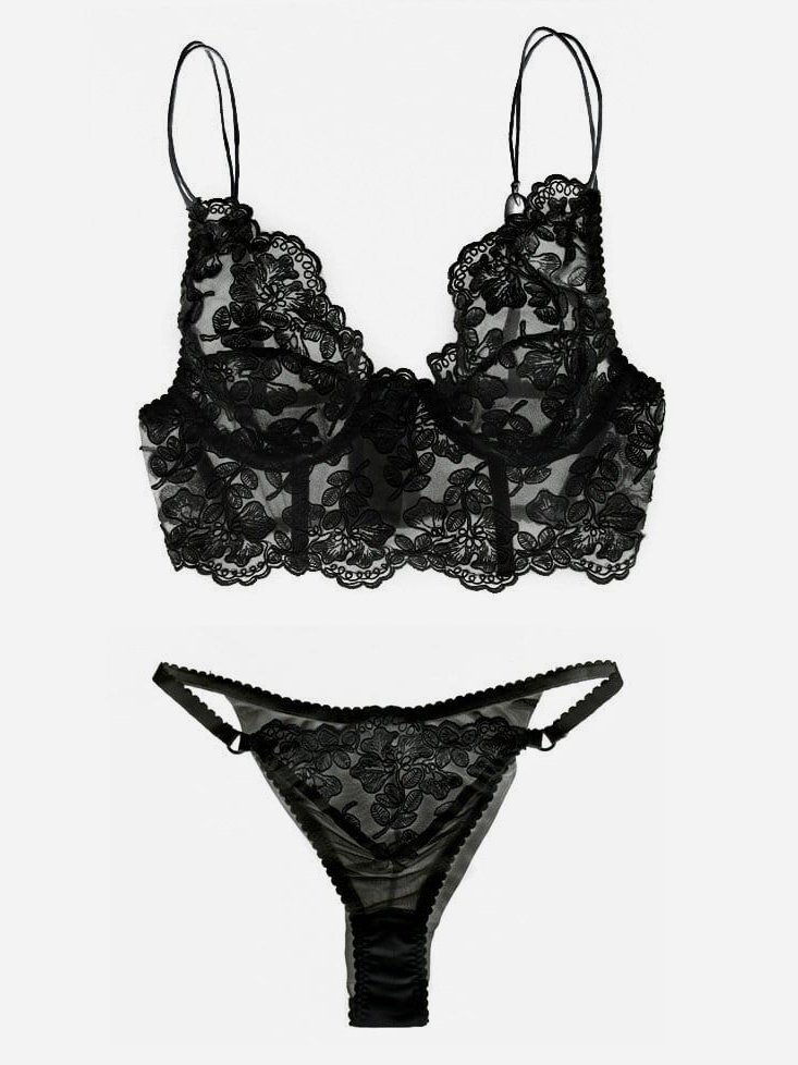 Black sheer lingerie set composes of a sexy short corset and tanga