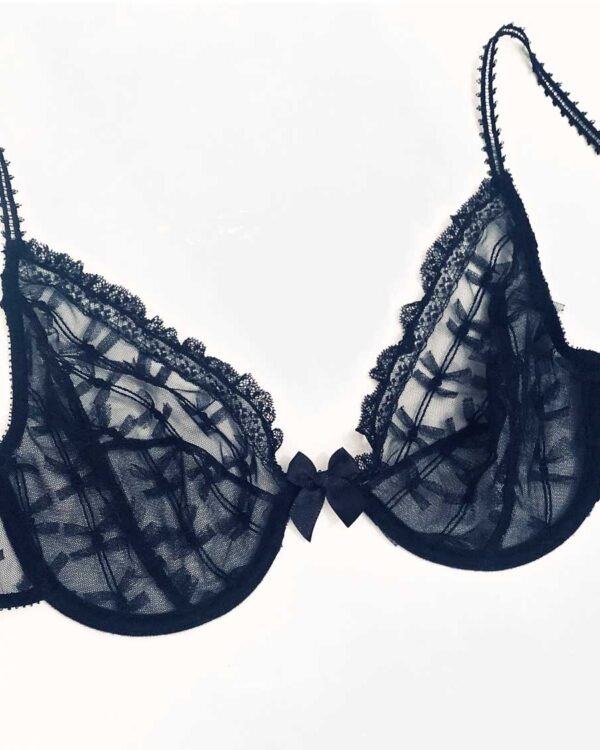Transparent black lace bra with strap