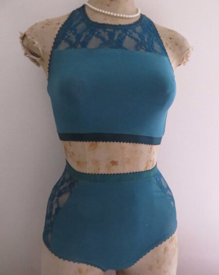 Set tanga and bralette green stretch cotton and green lace - high waist tanga - retro lingerie