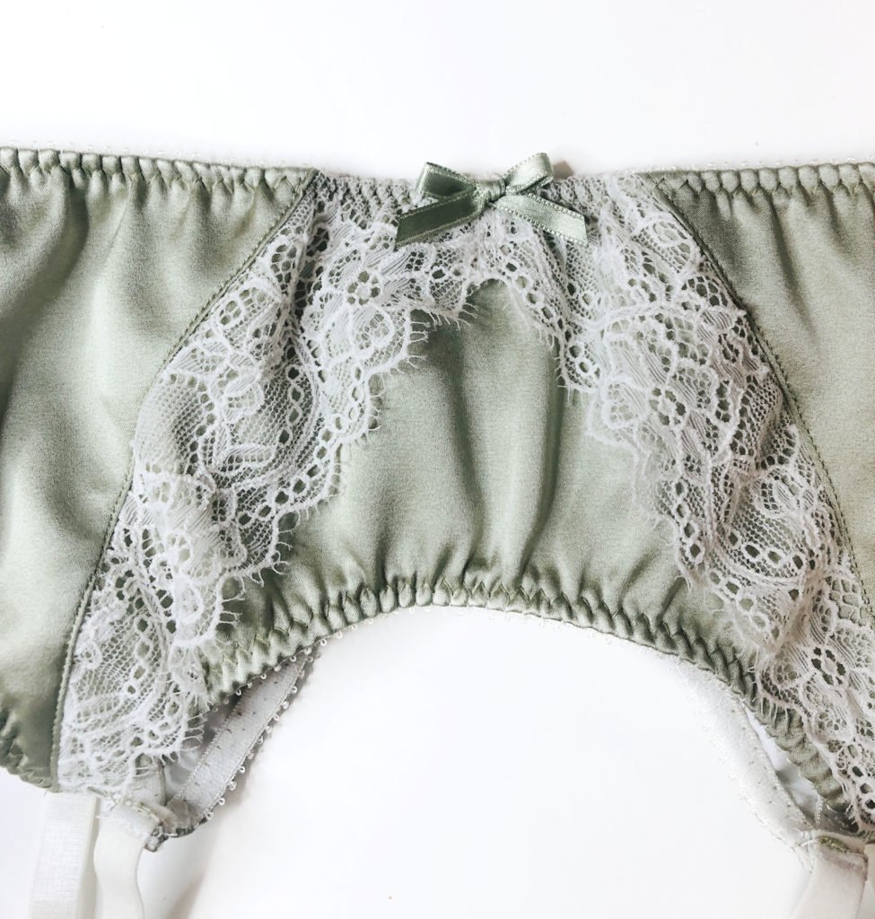 Green garter belt with ivory lace Silk garter belt