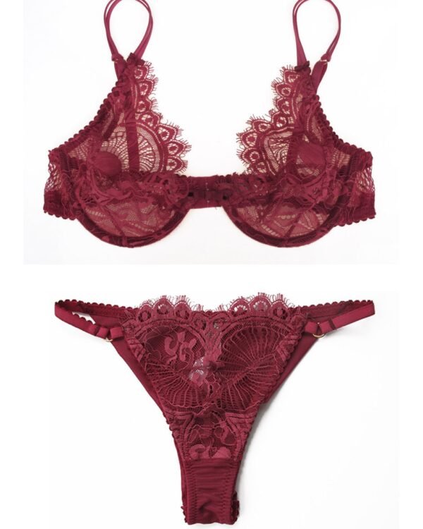 Valentine's gift for her- Dark Red lace bra and tanga set in chantilly art deco lace