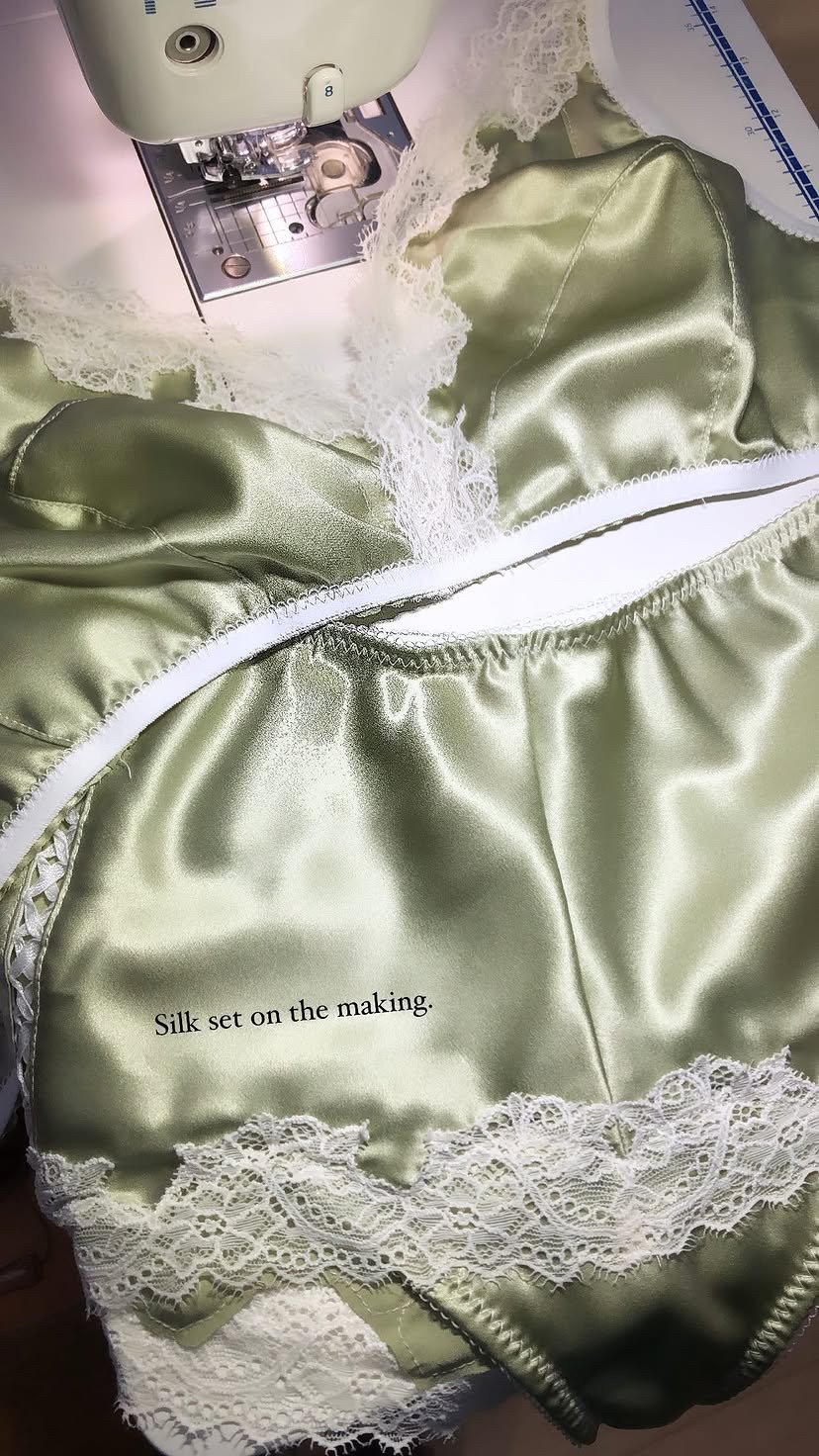 sage bralette and silk short