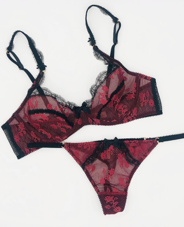 sheer dark red lace lingerie set