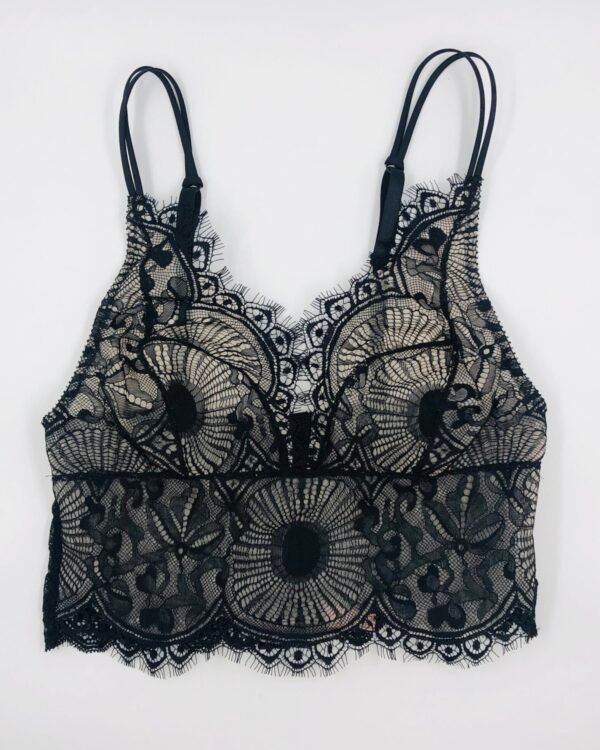 Black bralette top lined in nude mesh- Lace black bralette
