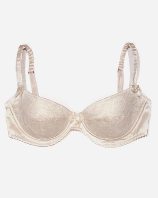 Stretch satin silk plunge bra, slightly padded, covered with lace
